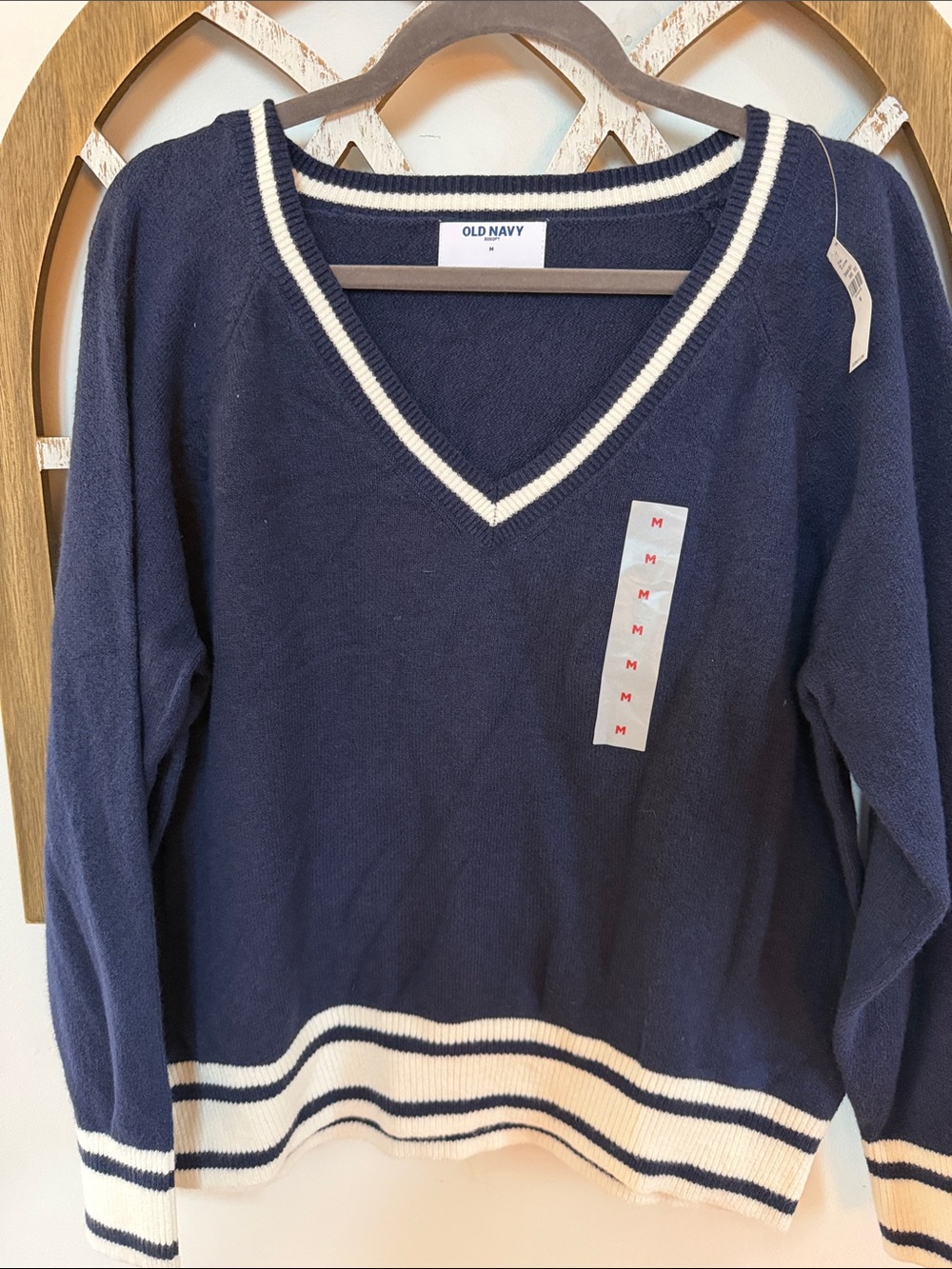 Old Navy Navy V-Neck Sweater with Cream Striped Trim